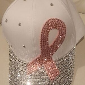 Womens White Breast Cancer Baseball Cap with Silver & Pink Sequins